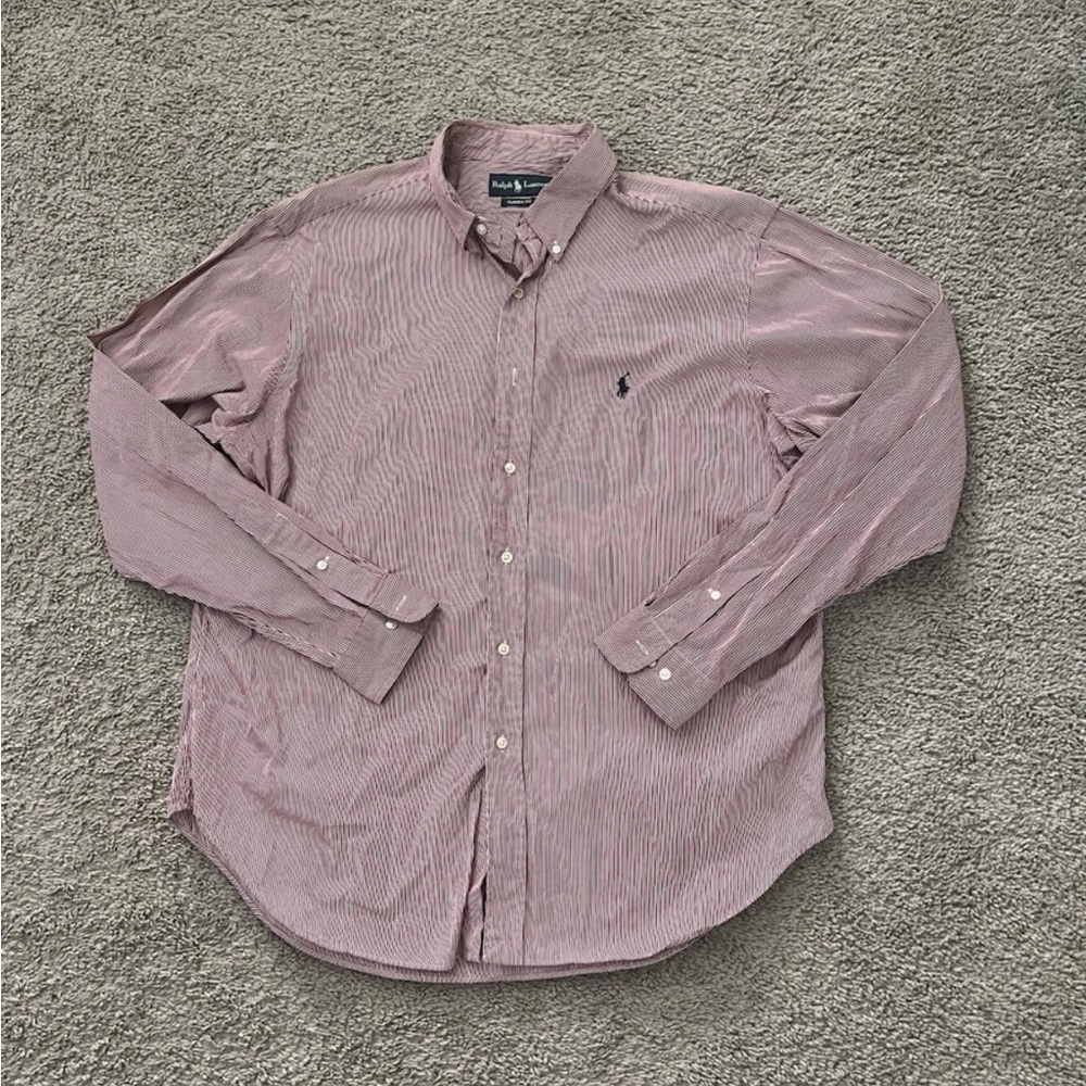 Ralph Lauren Shirt 17 Red White Red Striped Pony Button Up Long Sleeve Mens XL